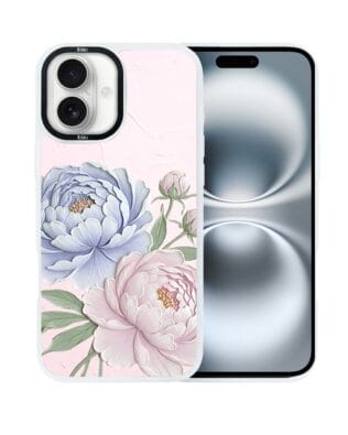 Etui do iPhone 16 IBIZU DropGuard Matt z MagSafe, Relief Garden, Piwoniowy róż, białe