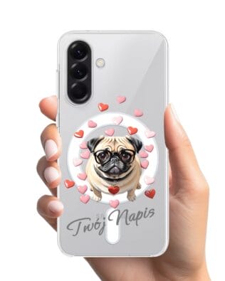 Etui do Samsung Galaxy A57 z MagSafe przeźroczyste, silikonowe Flexi, Puppy Love, pies rasy Mops