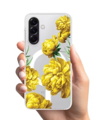 Etui do Samsung Galaxy A57 z MagSafe przeźroczyste, silikonowe Flexi, żółte piwonie