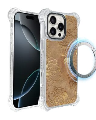 Etui do iPhone 16 Pro Max IBIZU DropGuard Ultra z MagSafe, Relief Garden, Złote piwonie