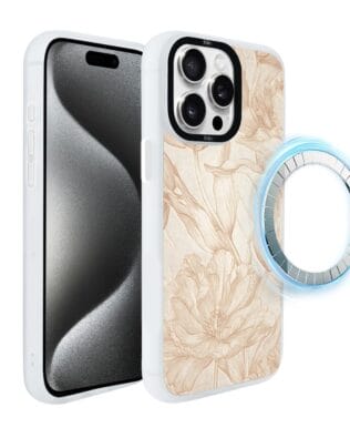 Etui do iPhone 15 Pro IBIZU DropGuard Matt z MagSafe, Relief Garden, Botaniczny biskwit, białe