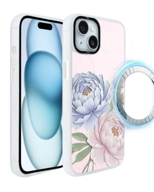 Etui do iPhone 15 Plus IBIZU DropGuard Matt z MagSafe, Relief Garden, Piwoniowy róż, białe