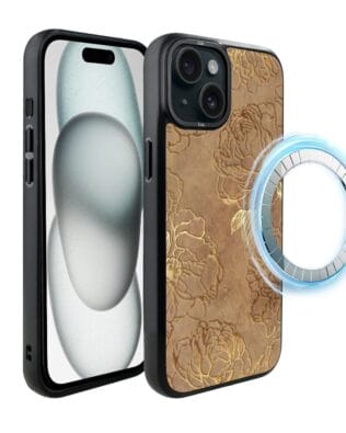 Etui do iPhone 15 Plus IBIZU DropGuard Matt z MagSafe, Relief Garden, Złote piwonie