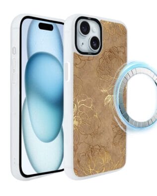 Etui do iPhone 15 Plus IBIZU DropGuard Matt z MagSafe, Relief Garden, Złote piwonie, białe