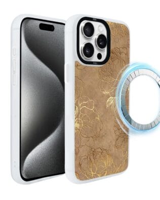 Etui do iPhone 15 Pro Max IBIZU DropGuard Matt z MagSafe, Relief Garden, Złote piwonie, białe