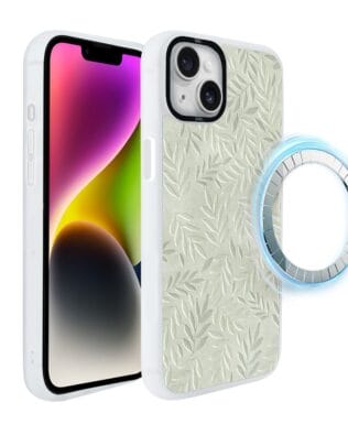 Etui do iPhone 14 Plus IBIZU DropGuard Matt z MagSafe, Relief Garden, Ślad oliwki, białe