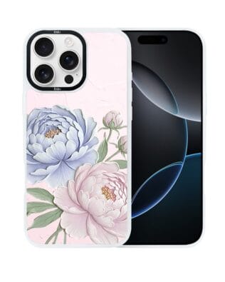 Etui do iPhone 16 Pro Max IBIZU DropGuard Matt z MagSafe, Relief Garden, Piwoniowy róż, białe