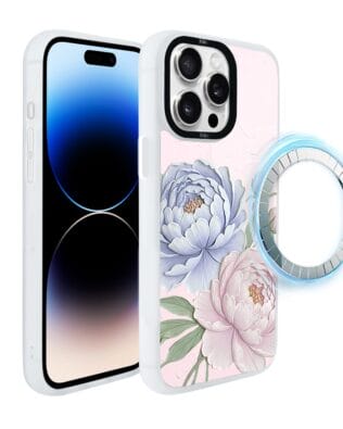 Etui do iPhone 14 Pro Max IBIZU DropGuard Matt z MagSafe, Relief Garden, Piwoniowy róż, białe