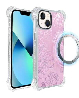 Etui do iPhone 13 IBIZU DropGuard Ultra z MagSafe, Relief Garden, Różowe piwonie