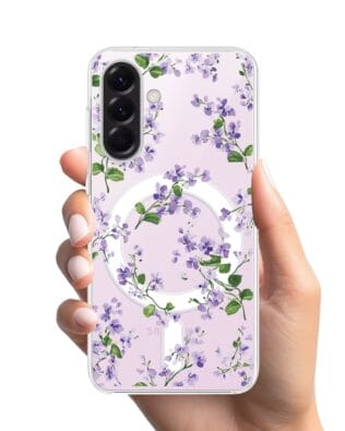 Etui do Samsung Galaxy A57 z MagSafe przeźroczyste, silikonowe Flexi, Fioletowe Bratki