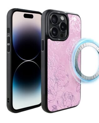 Etui do iPhone 14 Pro IBIZU DropGuard Matt z MagSafe, Relief Garden, Różowe piwonie