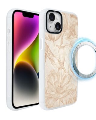 Etui do iPhone 14 IBIZU DropGuard Matt z MagSafe, Relief Garden, Botaniczny biskwit, białe