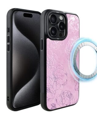 Etui do iPhone 15 Pro Max IBIZU DropGuard Matt z MagSafe, Relief Garden, Różowe piwonie