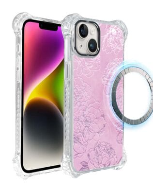 Etui do iPhone 14 IBIZU DropGuard Ultra z MagSafe, Relief Garden, Różowe piwonie