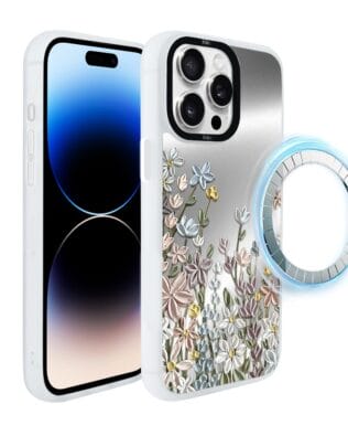 Etui do iPhone 14 Pro IBIZU DropGuard Matt z MagSafe, Relief Garden, Wiosenna łąka, białe