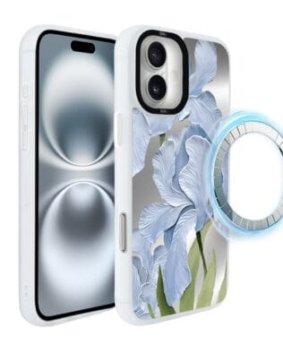 Etui do iPhone 16 IBIZU DropGuard Matt z MagSafe, Relief Garden, Błękitny irys, białe