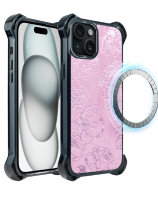 Etui do iPhone 15 Plus IBIZU DropGuard Ultra z MagSafe, Relief Garden, Różowe piwonie