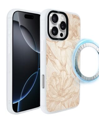 Etui do iPhone 16 Pro Max IBIZU DropGuard Matt z MagSafe, Relief Garden, Botaniczny biskwit, białe