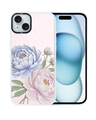 Etui do iPhone 15 IBIZU DropGuard Matt z MagSafe, Relief Garden, Piwoniowy róż, białe