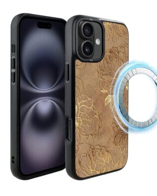 Etui do iPhone 16 IBIZU DropGuard Matt z MagSafe, Relief Garden, Złote piwonie