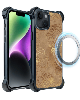 Etui do iPhone 14 IBIZU DropGuard Ultra z MagSafe, Relief Garden, Złote piwonie