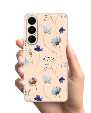 Etui do Samsung Galaxy S26 przeźroczyste, silikonowe Flexi, kwiatki niebieskie na pudrowym tle