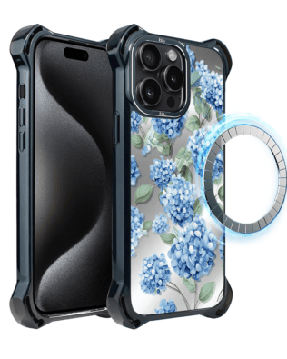 Etui do iPhone 15 Pro Max IBIZU DropGuard Ultra z MagSafe, Relief Garden, Szafirowa hortensja