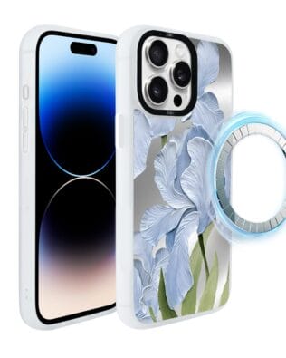 Etui do iPhone 14 Pro Max IBIZU DropGuard Matt z MagSafe, Relief Garden, Błękitny irys, białe