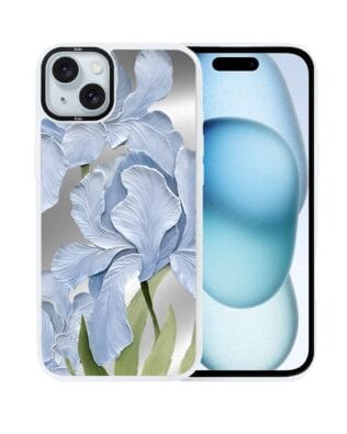 Etui do iPhone 15 Plus IBIZU DropGuard Matt z MagSafe, Relief Garden, Błękitny irys, białe