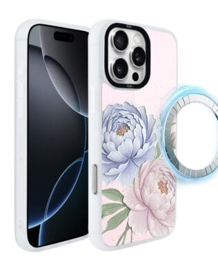 Etui do iPhone 16 Pro IBIZU DropGuard Matt z MagSafe, Relief Garden, Piwoniowy róż, białe