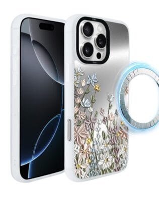 Etui do iPhone 16 Pro Max IBIZU DropGuard Matt z MagSafe, Relief Garden, Wiosenna łąka, białe