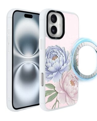 Etui do iPhone 16 Plus IBIZU DropGuard Matt z MagSafe, Relief Garden, Piwoniowy róż, białe