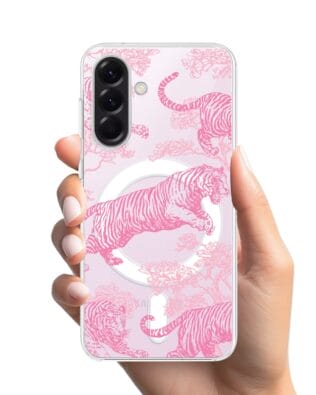 Etui do Samsung Galaxy A57 z MagSafe przeźroczyste, silikonowe Flexi, Mystic, Różowe tygrysy