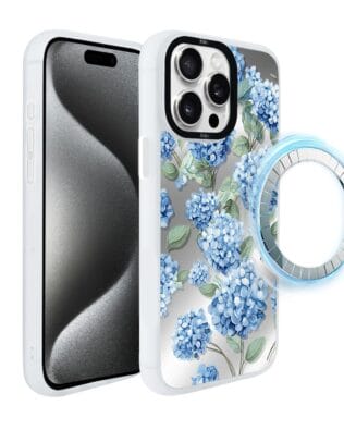 Etui do iPhone 15 Pro IBIZU DropGuard Matt z MagSafe, Relief Garden, Szafirowa hortensja, białe