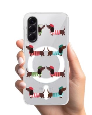 Etui do Samsung Galaxy A57 z MagSafe przeźroczyste, silikonowe Flexi, jamnik w Paryżu