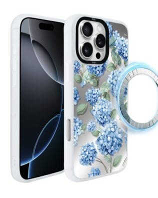 Etui do iPhone 16 Pro Max IBIZU DropGuard Matt z MagSafe, Relief Garden, Szafirowa hortensja, białe