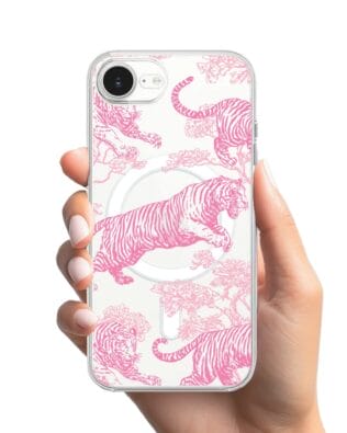 Etui do iPhone 16e z MagSafe przeźroczyste, silikonowe Flexi, Mystic, Różowe tygrysy