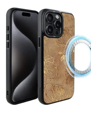 Etui do iPhone 15 Pro Max IBIZU DropGuard Matt z MagSafe, Relief Garden, Złote piwonie