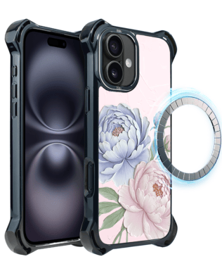 Etui do iPhone 16 IBIZU DropGuard Ultra z MagSafe, Relief Garden, Piwoniowy róż