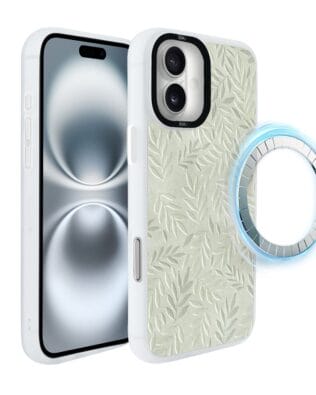 Etui do iPhone 16 Plus IBIZU DropGuard Matt z MagSafe, Relief Garden, Ślad oliwki, białe