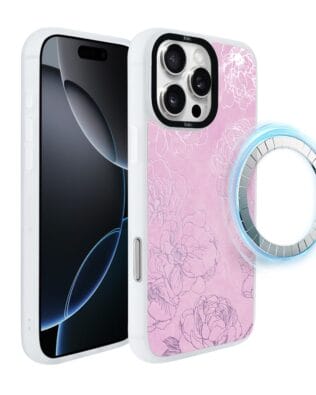 Etui do iPhone 16 Pro Max IBIZU DropGuard Matt z MagSafe, Relief Garden, Różowe piwonie, białe