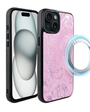 Etui do iPhone 15 IBIZU DropGuard Matt z MagSafe, Relief Garden, Różowe piwonie