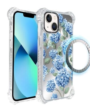 Etui do iPhone 13 IBIZU DropGuard Ultra z MagSafe, Relief Garden, Szafirowa hortensja