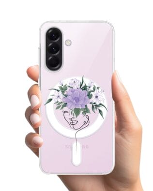 Etui do Samsung Galaxy A57 z MagSafe przeźroczyste, silikonowe Flexi, kobieta z kwiatami