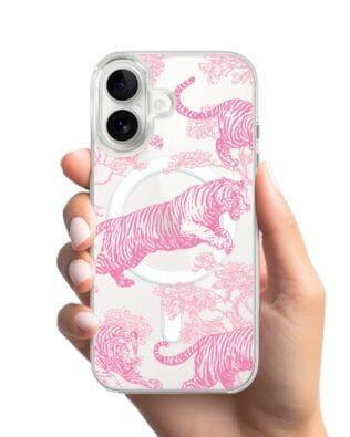 Etui do iPhone 16 Plus z MagSafe przeźroczyste, silikonowe Flexi, Mystic, Różowe tygrysy