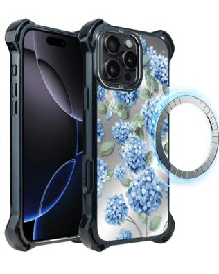 Etui do iPhone 16 Pro Max IBIZU DropGuard Ultra z MagSafe, Relief Garden, Szafirowa hortensja