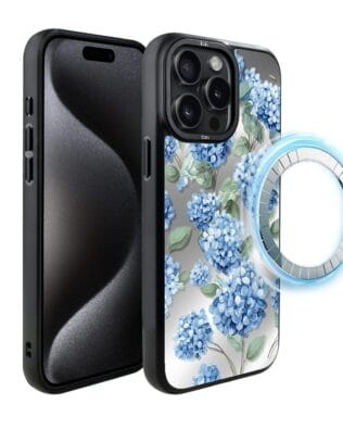 Etui do iPhone 15 Pro IBIZU DropGuard Matt z MagSafe, Relief Garden, Szafirowa hortensja