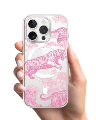 Etui do iPhone 14 Pro z MagSafe przeźroczyste, silikonowe Flexi, Mystic, Różowe tygrysy