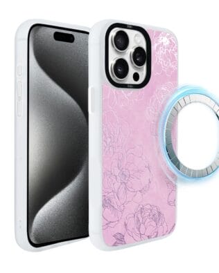 Etui do iPhone 15 Pro Max IBIZU DropGuard Matt z MagSafe, Relief Garden, Różowe piwonie, białe