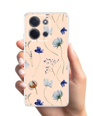 Etui do Xiaomi POCO C85 przeźroczyste, silikonowe Flexi, Summer Patterns, kwiatki niebieskie na pudrowym tle